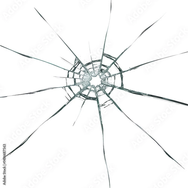 Fototapeta Shattered glass with radial cracks emanating from a central impact point, isolated on black