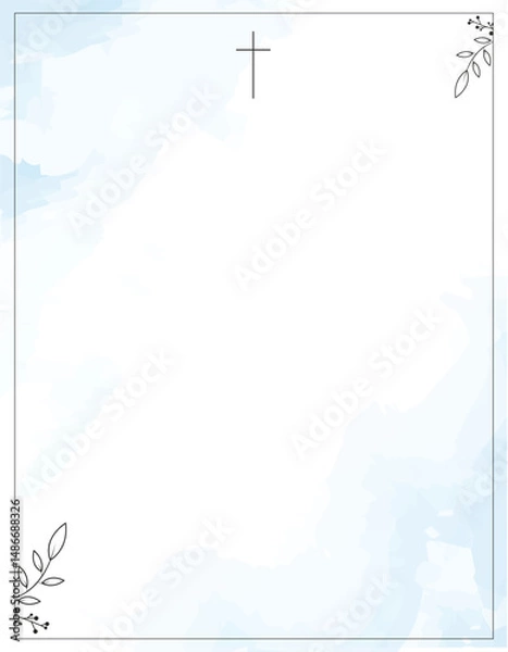 Fototapeta Funeral Empty card. Sky blue background. Aquarelle background. Frame of leaves. Church cross in the centre 	

