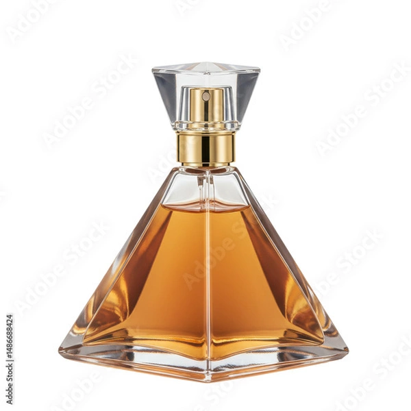 Fototapeta Triangle perfume bottle with a faceted cap, filled with golden liquid, on a black background