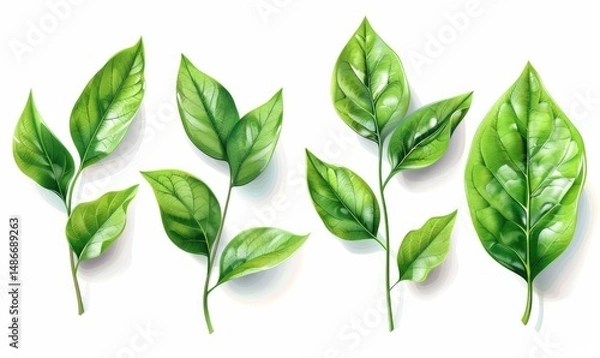 Fototapeta set fresh green leaf wallpaper template plain background abstract plant leaves Generate AI