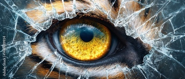 Obraz shattered glass revealing an eye of a tiger behind, raw energy and power breaking through, conceptual wild instinct theme