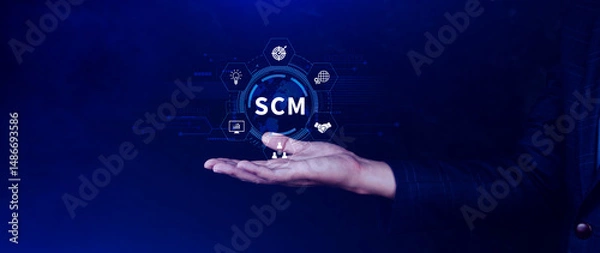 Fototapeta SCM concept, Supply Chain Management, Logistic and transport, Communication network. organizing and controlling resources to meet the needs of customers.