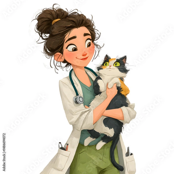 Fototapeta A cheerful veterinarian is holding a cute calico cat in her arms, creating a heartwarming scene of animal care and affection.