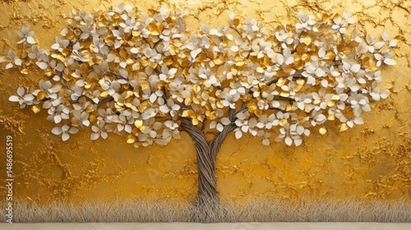 Obraz Ornate golden tree design on a textured wall.