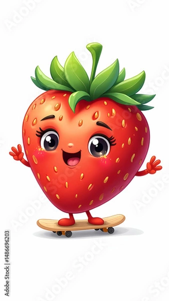 Fototapeta A happy cartoon strawberry with eyes and a smile rides a skateboard on a white background