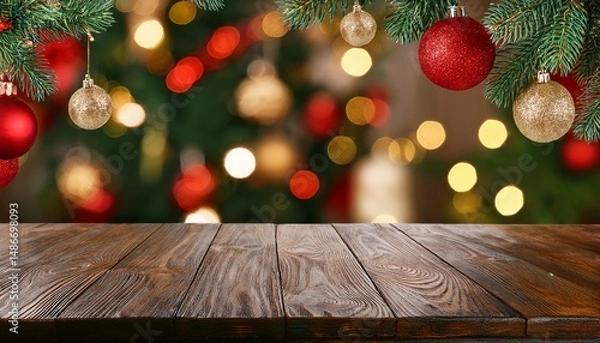 Obraz empty wooden table with christmas theme in background