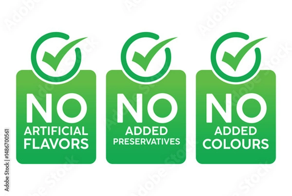 Fototapeta Three vibrant green square labels with white checkmarks and bold “NO” text above “Artificial Flavors,” “Added Preservatives,” or “Added Colors.” Clean, modern design on white background.