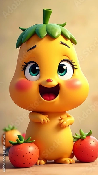 Obraz Cute cartoon fruit-character with big eyes & blushing cheeks, standing amid strawberry-like fruit