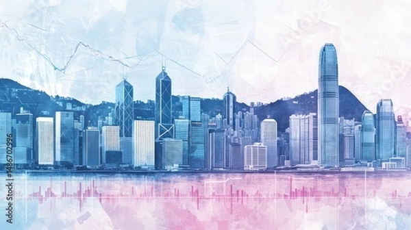 Fototapeta Abstract cityscape of a bustling metropolis, painted with pastel hues.