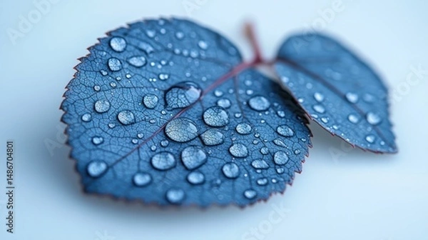 Obraz Serene Dewdrops on a Blue Leaf: A Macro Photography Masterpiece