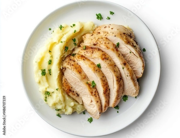 Fototapeta Sliced roasted chicken breast with mashed potatoes