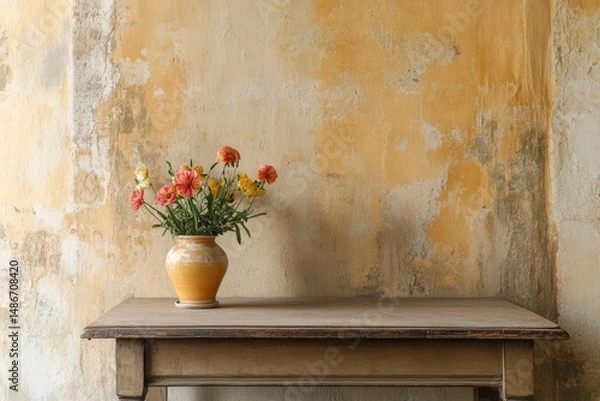 Obraz Vase with artificial flowers on vintage wooden table in front of grunge wall