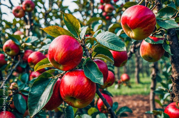 Fototapeta Bright Red Apples Growing On Trees In Fruit Orchard