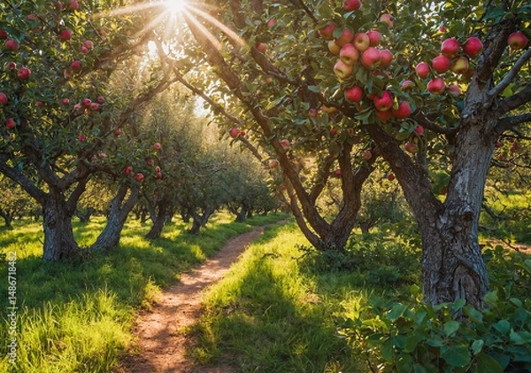 Fototapeta Golden Sunlight Shining Through Lush Apple Orchard At Harvest