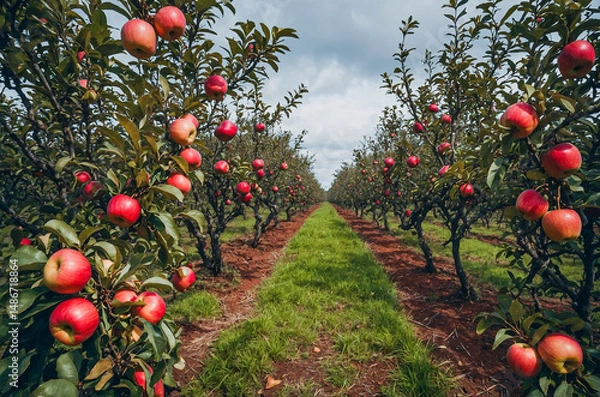 Fototapeta Ripe Red Apples Hanging On Orchard Trees In Rows