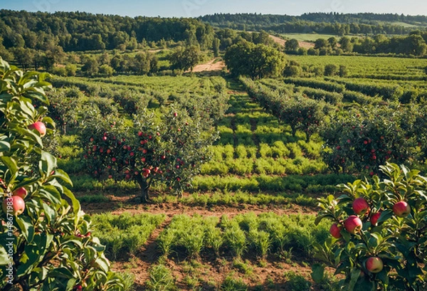 Fototapeta Apple Orchard Landscape With Trees Growing In Neat Rows