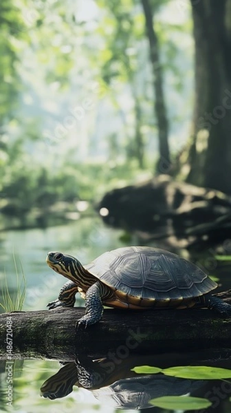 Fototapeta Turtle on log in forest stream
