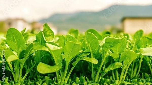 Fototapeta Fresh Spinach Field with Green Leaves.