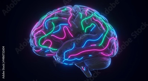 Fototapeta Illuminated Human Brain Concept with Vibrant Neon Neural Pathways Illustration