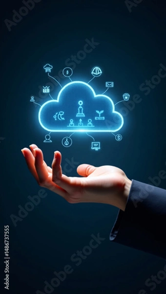 Obraz A hand supporting a glowing cloud with interconnected digital icons