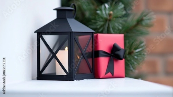 Obraz Festive Lantern  Gift with Winter Scene.