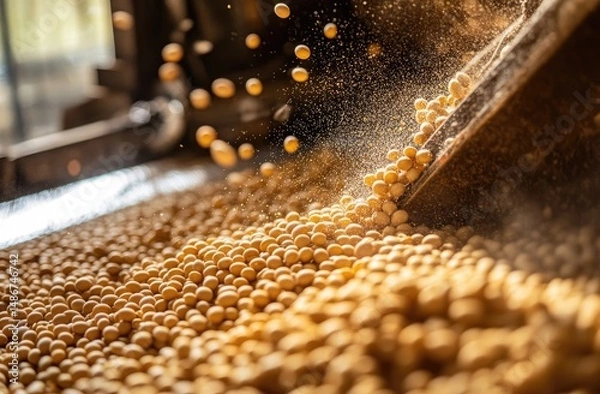 Fototapeta Soybeans being processed in a factory.  A large quantity of soybeans are being transferred from a conveyor.  The light highlights the beans and the movement of the transfer