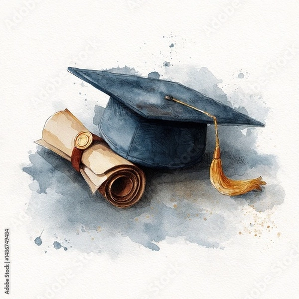 Obraz The achievement of graduation elegant watercolor illustration featuring a cap and diploma. Perfect for capturing the essence of success and new beginnings. High quality