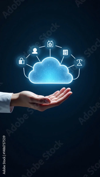 Obraz Hand holding digital cloud computing icon on a dark background, representing data storage and technology