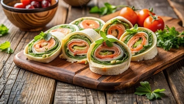Obraz Delicious pinwheels with salmon on a rustic wooden table, sandwich, fruit,  sandwich, fruit, artisanal, dinner, wrap, pinwheel