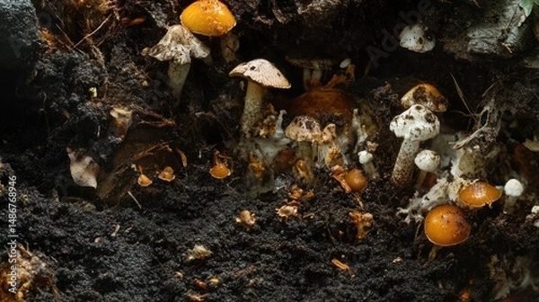 Obraz Forest Fungi: A Close-Up View of Mushrooms Emerging from the Soil