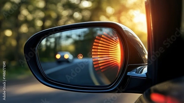Fototapeta Car mirror shows warning light and car on the road