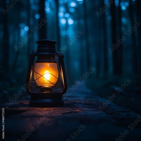 Fototapeta A warm, glowing lantern illuminates a dark forest path