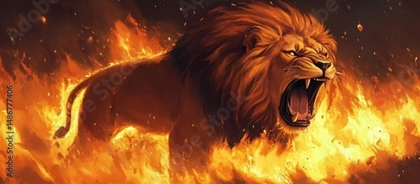 Obraz Fierce lion roaring amidst a fiery inferno, embodying power