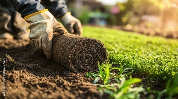 Obraz Meticulously laying fresh sod roll to rejuvenate the garden space