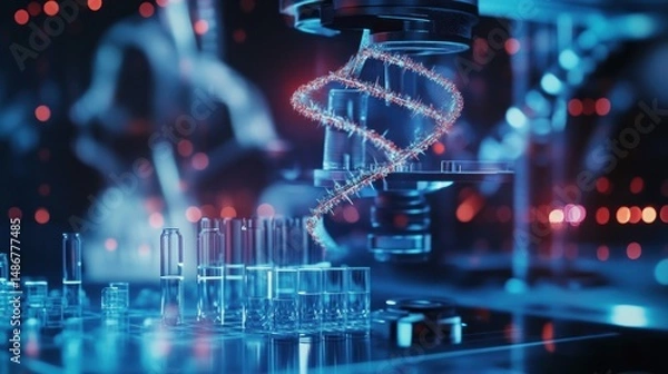 Obraz Exploration of dna structures under a microscope with test tubes