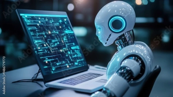Obraz An ai humanoid working diligently at a laptop with a digital int