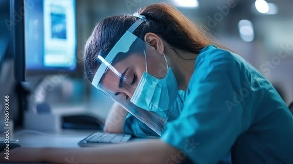 Obraz Exhausted healthcare worker rests at desk after long hours in ho