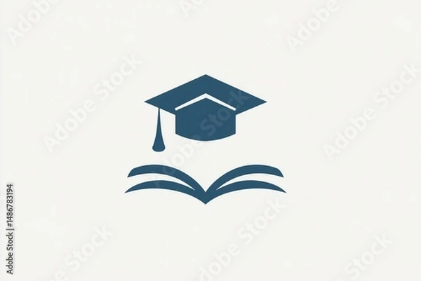 Fototapeta A clean minimalist icon of an open book with a graduation cap above it, symbolizing a dissertation. High quality