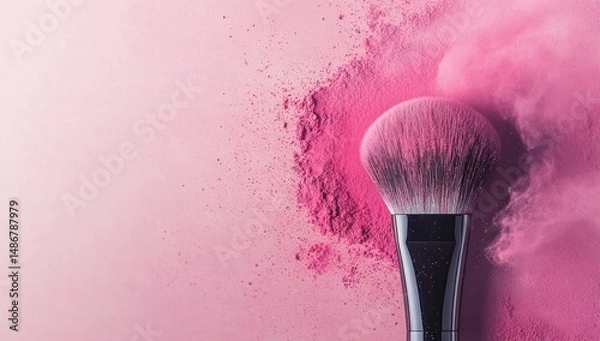 Fototapeta Pink blush brush with powder explosion