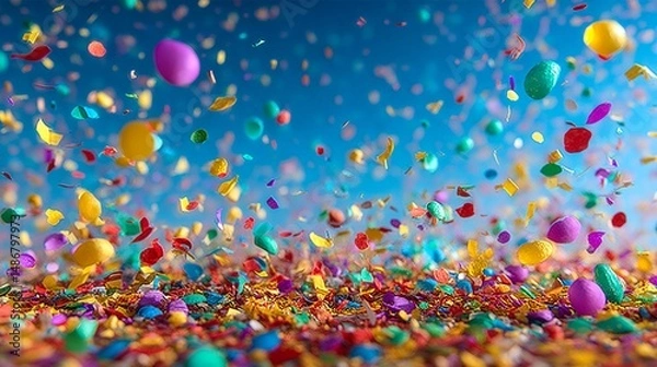 Fototapeta A colorful explosion of confetti is falling from the sky. The confetti is in various colors and sizes, creating a vibrant and lively atmosphere