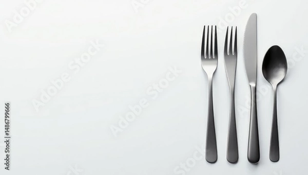 Fototapeta Sleek, modern cutlery set on a pristine white background , tabletop, detail, clean