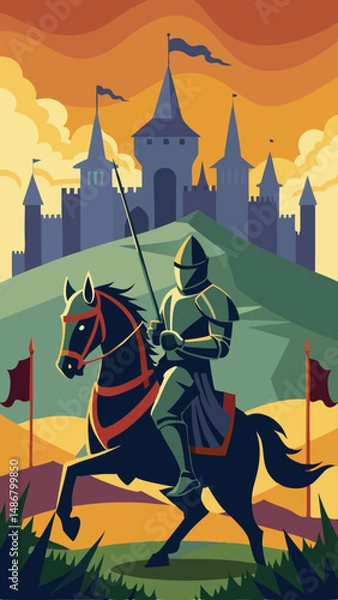 Fototapeta Silhouette of a Medieval Knight Engaging in a Jousting Tournament