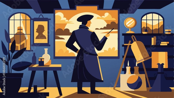 Fototapeta Archaic Silhouette of a Renaissance Artist with Palette and Brush