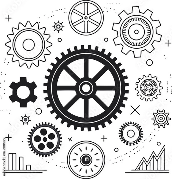 Fototapeta A collection of stylized gears and mechanisms in black and white, representing engineering concepts.