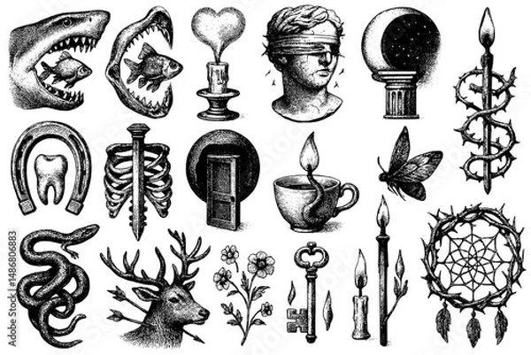 Fototapeta Exploration of vintage engravings showcasing diverse symbols and designs in a captivating collection