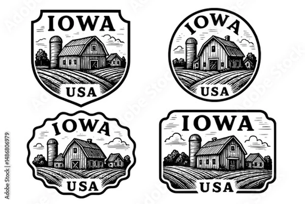 Fototapeta Exploring vintage emblems featuring rustic barns and landscapes from Iowa's countryside in classic engraved design