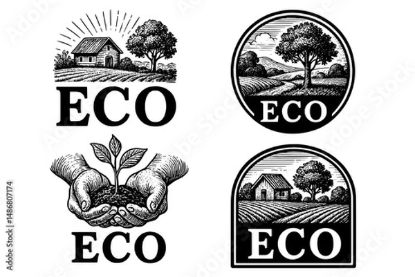 Fototapeta Vintage eco-themed logos showcasing nature and sustainability with engraved illustrations in a timeless design style