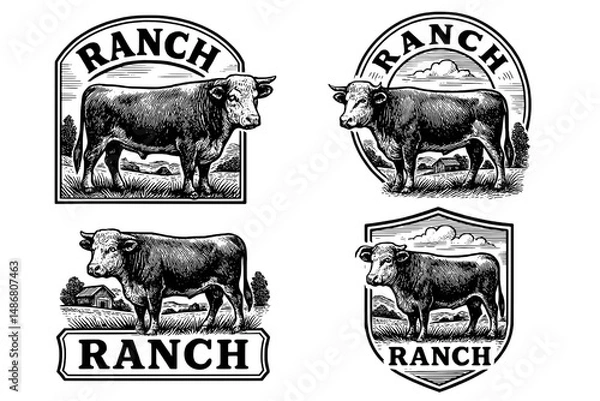 Fototapeta Vintage ranch logo collection featuring engraved cow illustrations designed for timeless branding