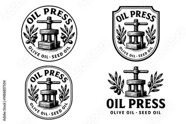 Fototapeta Elegant vintage emblem collection featuring an olive oil seed press design with intricate engravings and classic elements