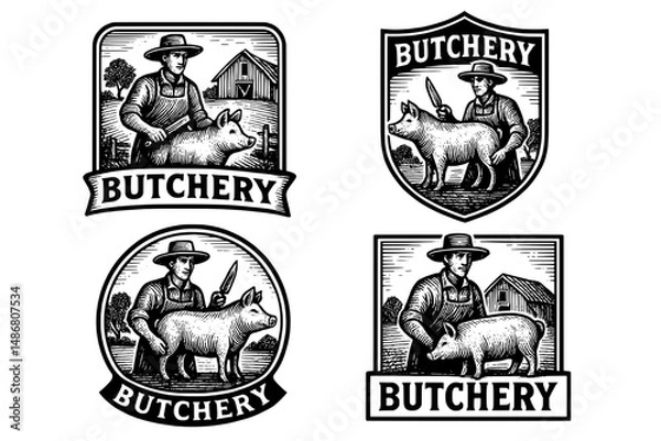 Fototapeta Vintage collection of engraved butchery emblems reflecting artisan craftsmanship and farm life in rustic settings
